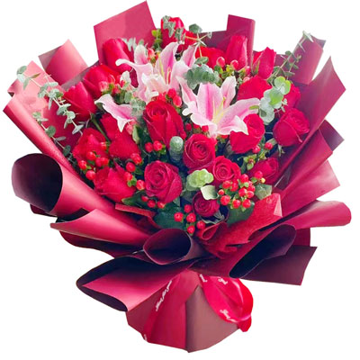 营口22朵红玫瑰百合，爱的火焰